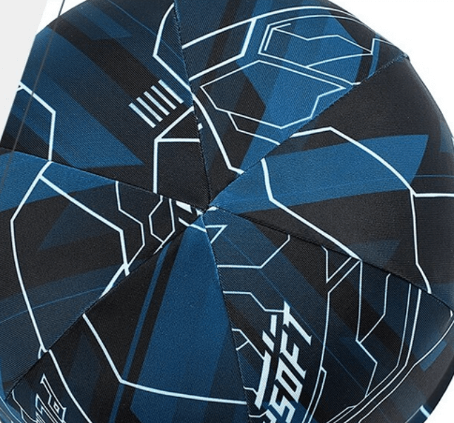 Top view of Breathable Elastic Men's Printed Beanie SF1657, showcasing a stylish blue geometric pattern on polyester fabric.